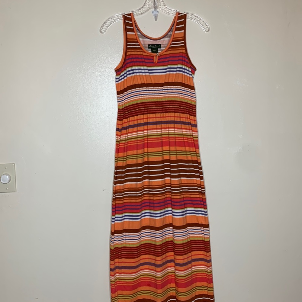 EDDIE BAUER Maxi Dress Orange & Pink Striped Elastic Waist Cotton Sleeveless XS